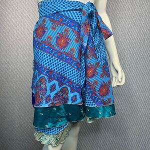 Reversible Wrap Skirt‎ Dress Sari Colorful Upcycle Boho Indie Womens Convertible